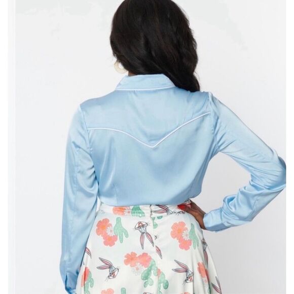 Looney Tunes x Unique Vintage Western Embroidered Fringe Button Up Shirt Blue NW - Picture 7 of 8